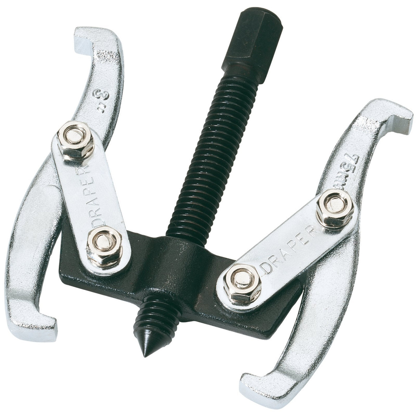 The Draper Twin Leg Reversible Puller, 65mm Reach X 75mm Spread - N130 features forged carbon steel with a black screw mechanism and metallic silver arms. Labeled "DRAPER", this versatile puller is ideal for both external and internal pulling tasks.