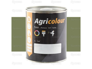 A 1-liter tin of Sparex Agricolour paint in Balmoral Green, with multilingual labeling, usage icons, and a blank white label at the bottom. This gloss finish is perfect for Metal Surface Preparation. | Sparex Part Number: S.13924