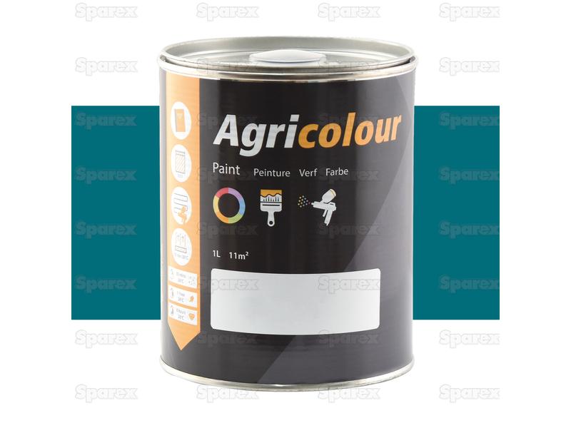 A 1-liter tin of Agricolour - Tuscan Blue Gloss paint (Sparex Part Number: S.13925), features instructions and color indications on the label, and ensures a stunning gloss finish ideal for any metal surface.