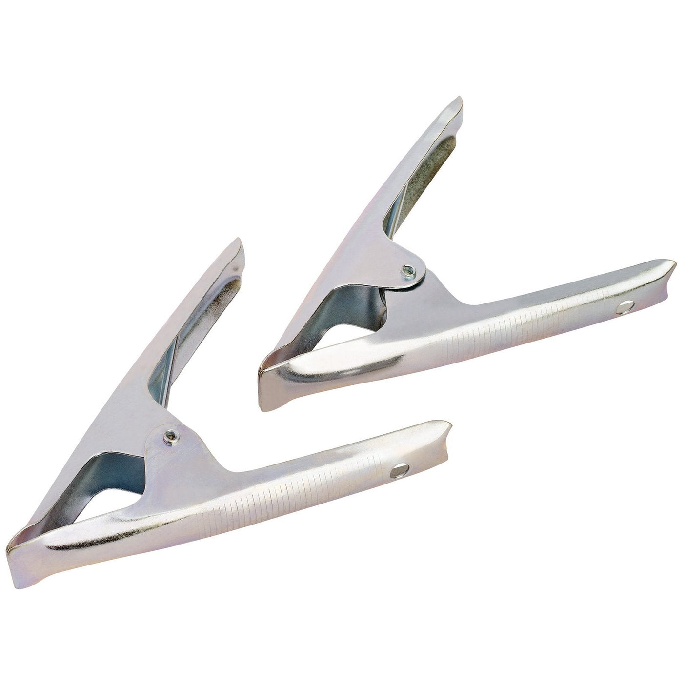 Two Draper Spring Clamps, from the 50mm (2 Piece) - 4819/2 set, featuring a heavy-duty spring mechanism and metallic alligator clips arranged in opposite directions against a plain white background.