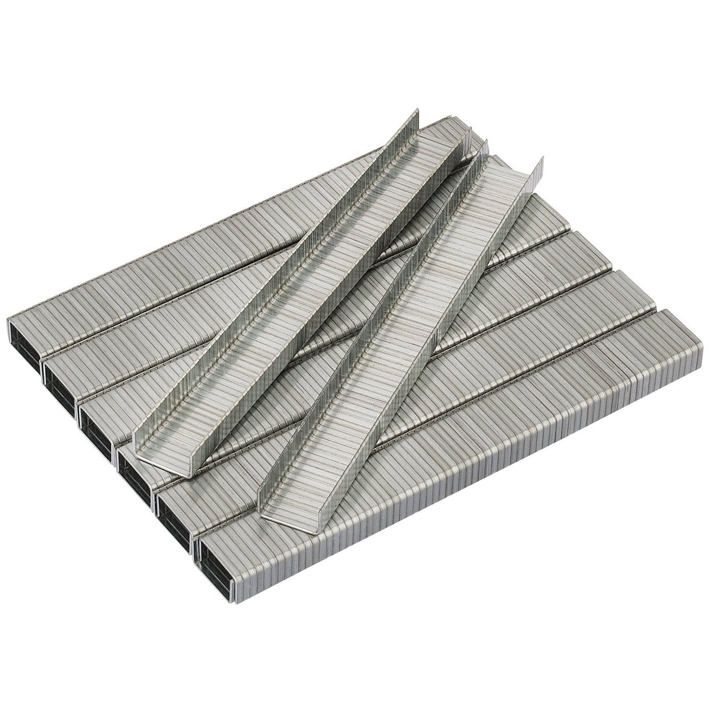 A stack of Draper Heavy Duty Steel Staples, 6mm (Pack Of 1000) - 1006HD, arranged in a neat, overlapping, and parallel formation.