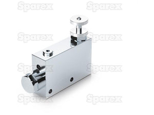 A rectangular metal hydraulic flow control valve with knobs and holes for attachments, labeled "Sparex" in the background. The MARCHESINI 3-Way Adjustable Flow Control Valve 1/2'' BSP (80 L/min Flow Rate) ensures maximum flow rate efficiency, making it a reliable choice for various applications.