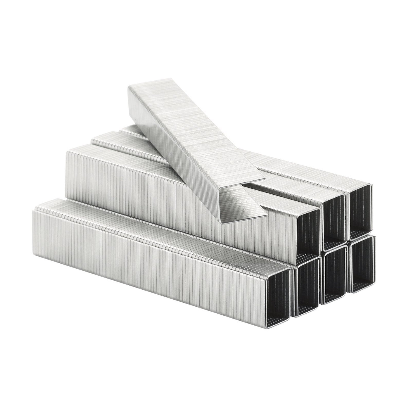 A stack of Draper Heavy Duty Staples, 14mm (Pack Of 1000) - 1014HD, arranged with one strip lying across the top.