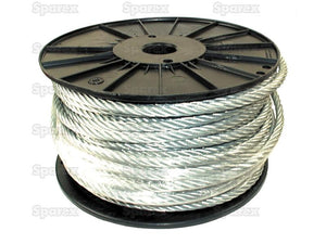 A large spool of Wire Rope With Steel Core - Stainless Steel, Ø3mm x 25M (Sparex Part Number: S.139641) from Sparex is wound around a black plastic reel and displayed against a white background.