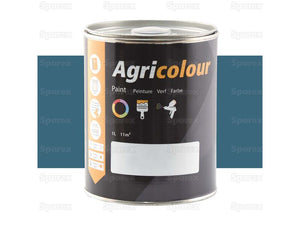 A 1-liter tin of Agricolour - Shire Blue Gloss paint (Sparex Part Number: S.13982) by Sparex, covers 11 square meters. The label features text in multiple languages and various icons related to painting applications, making it ideal for metal surface preparation with its vibrant blue gloss finish.