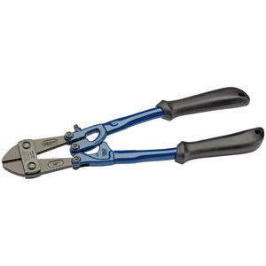 The Draper Heavy Duty Centre Cut Bolt Cutter, 350mm - 4854, from Draper, features blue handles with black grips, hardened jaws, and a metal cutting head.