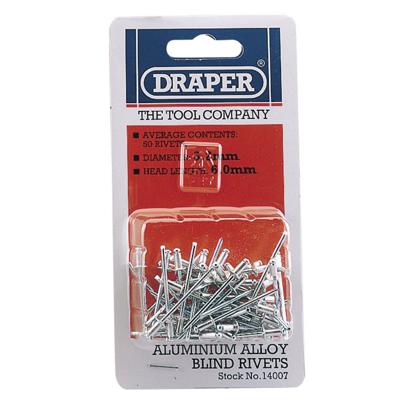 A compact display package of Draper Blind Rivets, containing an average of 50 rivets measuring 3.2mm in diameter and 5.2mm in head length, each fitted with a durable steel mandrel and clearly labeled with the Draper brand name.