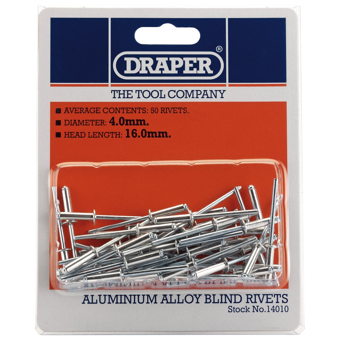 A package of Draper Blind Rivets, featuring a steel mandrel and an average content of 50 rivets. The diameter is 4.0mm and the head length is 15.8mm. Display packed for convenience.