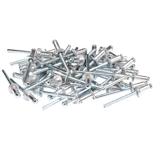 A pile of Draper Blind Rivets, 4.8 X 10mm (50 Piece), with steel mandrels scattered on a white background.