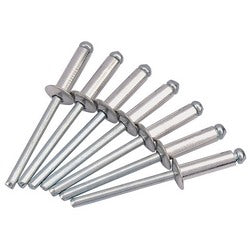 A set of eight Draper Blind Rivets (4.8 x 16mm), each with a steel mandrel, arranged in a fanned-out pattern on a white background.