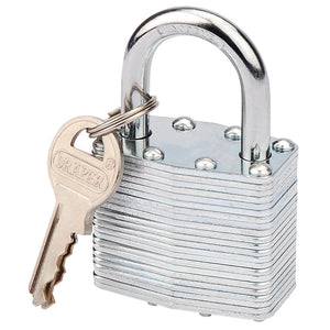 The Draper Laminated Steel Padlock, 40 X 23mm - LT100, featuring a zinc-plated steel case, brass cylinder, and set of keys attached to the shackle, ensures durability and high security.