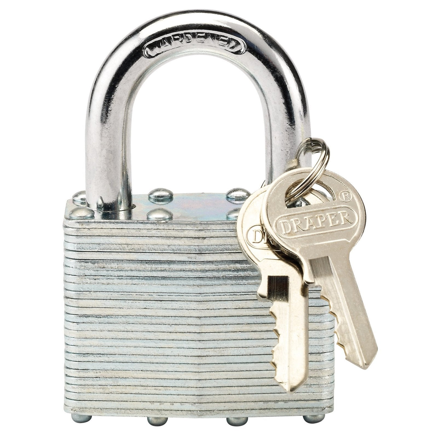 A Draper Laminated Steel Padlock, measuring 50 X 31mm (model LT100), features a silver finish with a brass cylinder. It comes with two brass keys attached to the shackle, both of which prominently display the brand name "Draper" and boast a Draper Security Rating of 3.