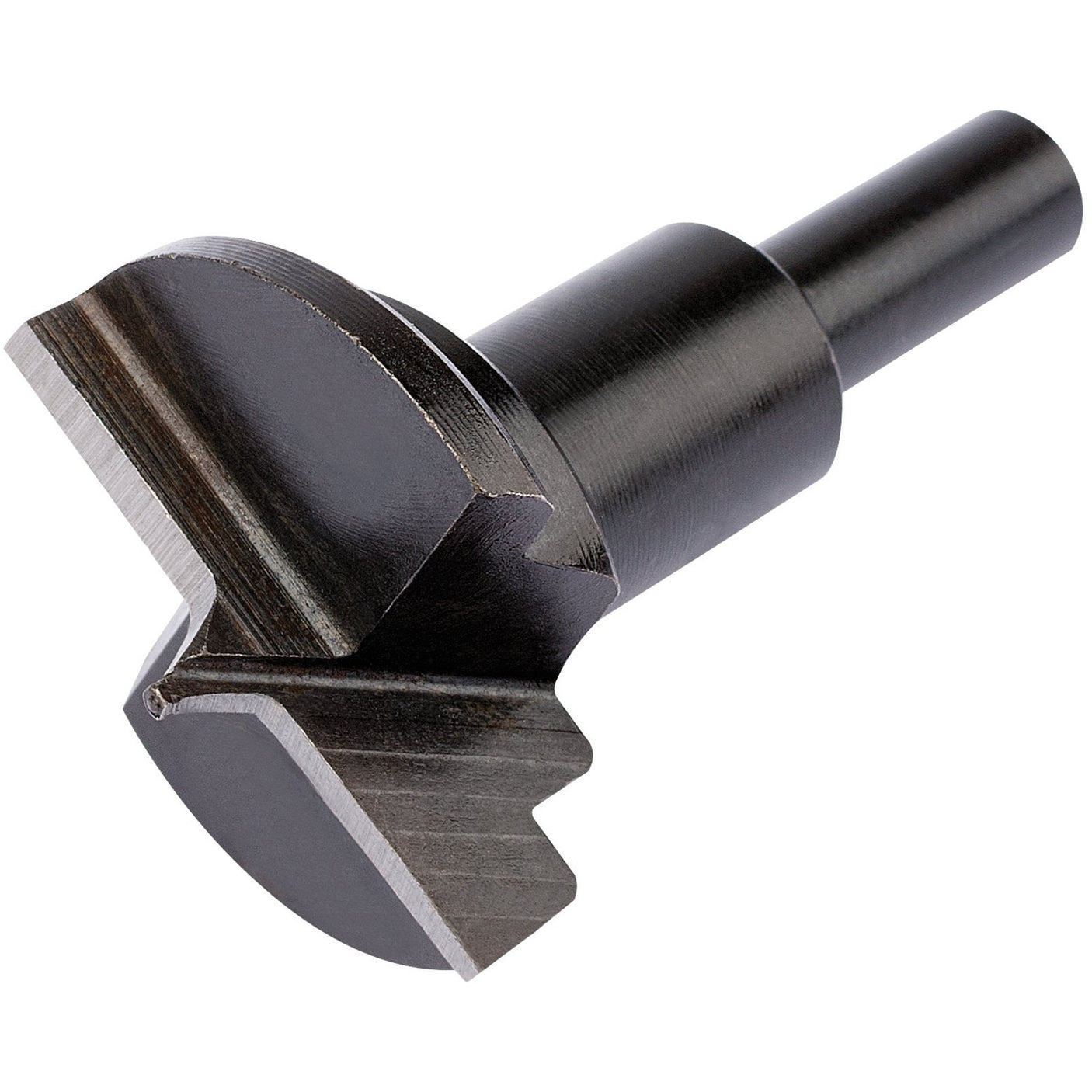 The Draper Hinge Hole Cutter, 35mm - CSB1, a black metal countersink drill bit made from hardened tool steel with a sharp, angled cutting edge designed for creating conical holes, is shown against a white background.