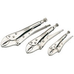 Three Draper Curved Jaw Self Grip Pliers of varying sizes, constructed from durable carbon steel and equipped with a quick release lever, are arranged side by side on a white background.