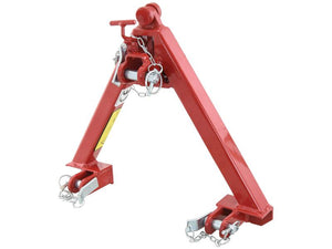 The A Frame Quick Hitch System (Cat.Communal) CE Approved, by Sparex (Sparex Part Number: S.140531), is a red metal hitch attachment featuring three points, chains, and locking pins for securing to machinery. CE approved for reliable use, it boasts a high load capacity suitable for communal equipment needs.