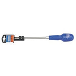 A Draper Cross Slot Cabinet Pattern Screwdriver, No.3 X 150mm - 186CS features a long metal shaft made of chrome vanadium steel blades, a blue plastic handle, and a black and orange packaging label near the top of the handle.