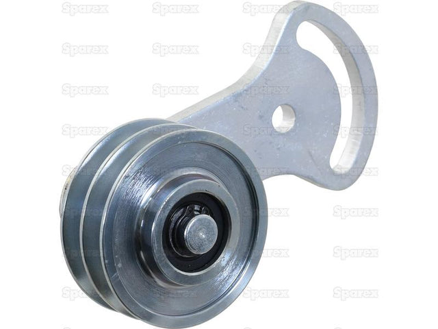 Close-up of the Sparex Belt Tensioner (Part No. S.140900) metal idler pulley with a mounting bracket, featuring a central ball bearing, commonly used in Belt Tensioner systems for Fiat and Ford / New Holland vehicles.