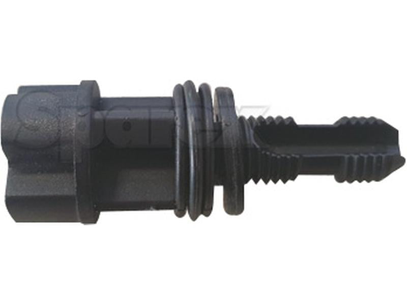 Close-up image of a black plastic connector with ridged and grooved sections, featuring a threaded middle and a notched end—specially designed as part of the Sparex Drain Tap system (Sparex Part No. S.140922).