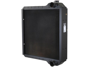 Image of the Sparex black metal heat exchanger radiator (Sparex Part Number: S.140968) with cooling fins, inlet/outlet ports, and ideal core length, designed for mechanical systems.