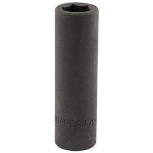 A long, black, hexagonal socket made from chrome vanadium steel with "Draper Expert" partially visible on the side. Perfect for use with impact sockets and compatible with air or electric wrenches, this is the Draper Expert Hi-Torq® Deep Impact Socket, 1/2" Sq. Dr., 15mm - 410D-MM.