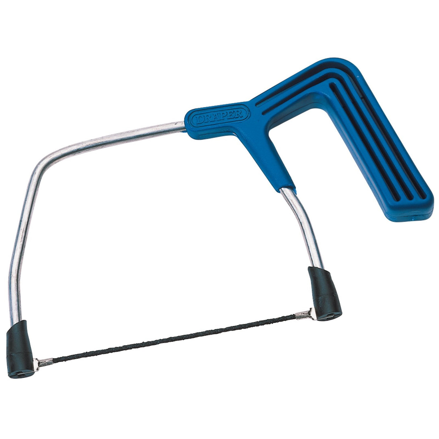 The Draper Deep Frame Tile Rod Saw, 150mm - 8903RS is shown with a blue handle and a thin tungsten carbide blade. The metallic frame ensures durability, making this Draper saw ideal for cutting curves in wood, plastic, or even ceramic tiles.