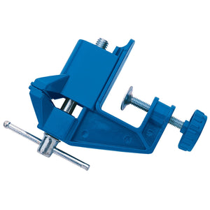 The Draper Portable Hobby Bench Vice With Integrated Clamp, 60mm - VC50H is a blue die-cast aluminium bench clamp featuring a screw mechanism and plated jaws, along with a round knob for tightening or loosening.