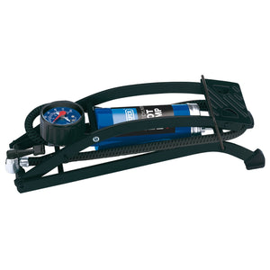 The Draper Single Cylinder Foot Pump With Pressure Gauge - 4430 is a foot pump designed for inflating items, featuring a blue cylinder, black metal frame, tyre pressure gauge, and Lock On connector.