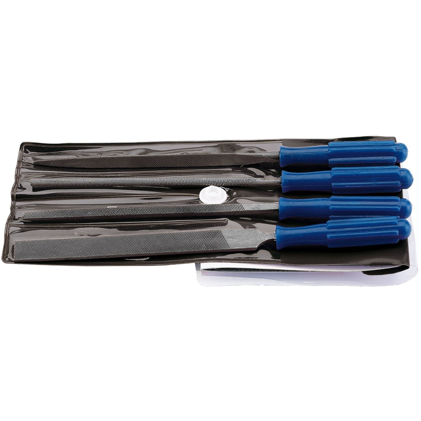 The Draper Warding File Set With Handles, 100mm (4 Piece) - WFS4 features four flat metal files with blue plastic handles, neatly arranged in a black plastic case and conveniently display packed.