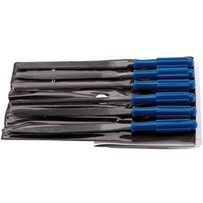 The Draper Warding File Set With Handles, 100mm (6 Piece) - WFS6 includes six metal files with blue plastic handles, neatly packaged in a black plastic holder and display packed to showcase their quality.