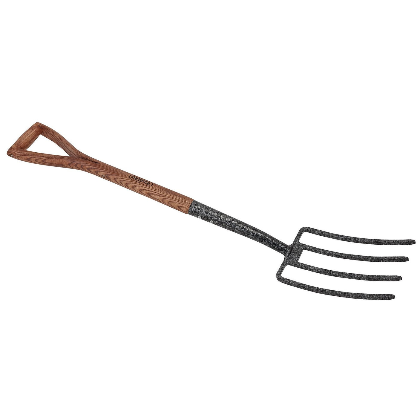 Introducing the Draper Carbon Steel Garden Fork With Ash Handle - A107EH/I, featuring a sturdy ash handle and four durable carbon steel tines.