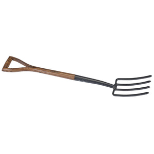 The Draper Carbon Steel Border Fork With Ash Handle - A106EH/I features an ash handle and four epoxy-coated carbon steel tines, making it ideal for digging and turning soil.