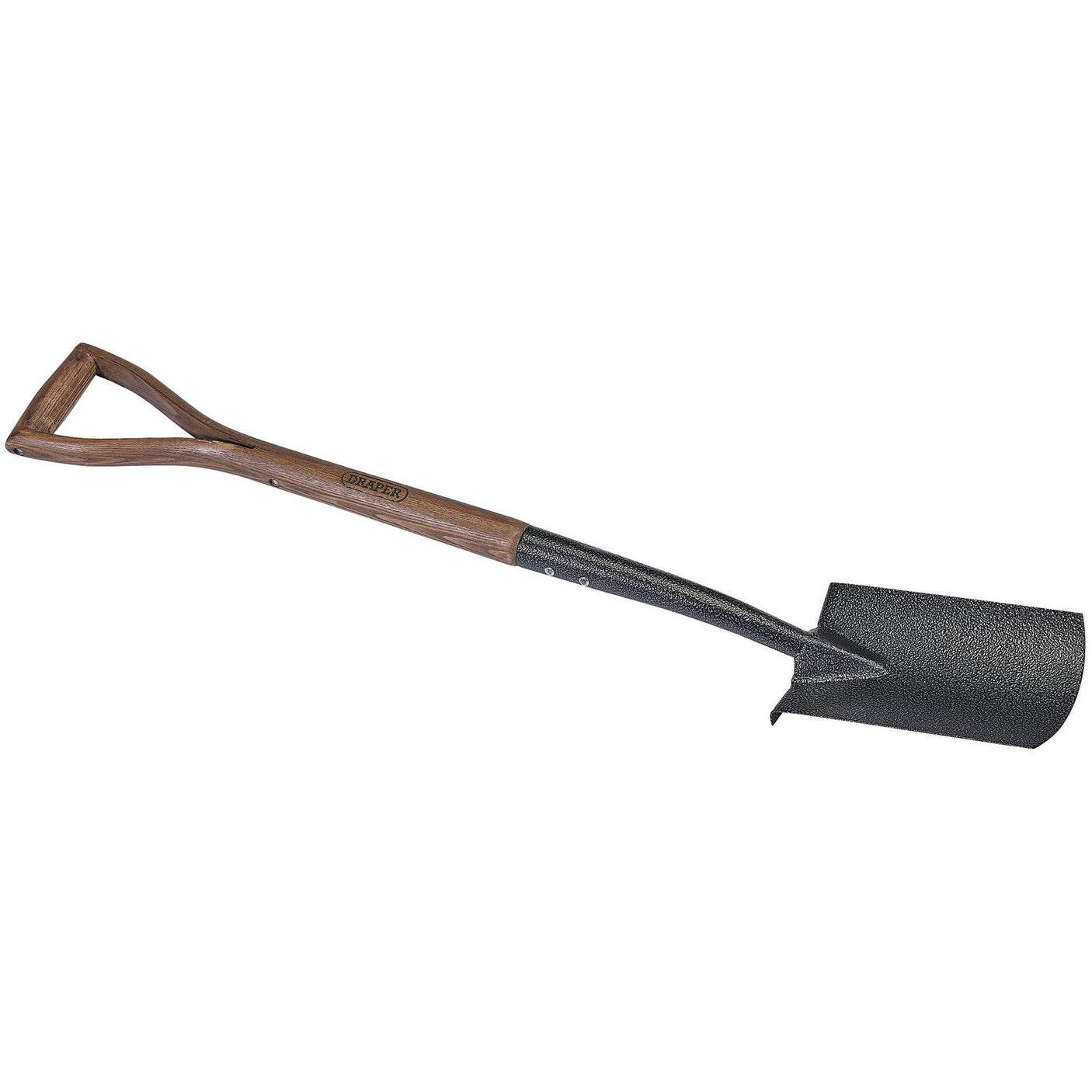 Image of the Draper Carbon Steel Border Spade With Ash Handle - A520EH/I, featuring a pointed carbon steel blade and an ash handle with a D-shaped grip. The handle is epoxy coated for added durability.