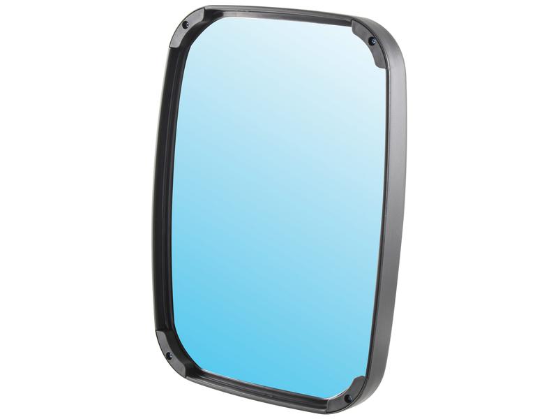 A Mirror Head - Rectangular, Convex, 330 x 240mm (Sparex Part Number: S.143106) is depicted in an upright position with its black plastic frame reflecting a light blue hue, while an arm extends into the reflection.