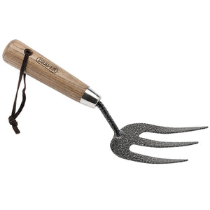 Draper Carbon Steel Heavy Duty Weeding Fork With Ash Handle - A3080/I is a hand cultivator featuring a lacquered ash handle, a metal three-pronged fork with an epoxy-coated finish, and a leather loop for hanging.