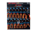 Display rack featuring the Draper Xp1000® VDE Plier Profile for Slat Wall and Toolbar (28 Piece) - XP1000/PRO 1 set, showcasing various pliers with red and yellow handles in their packaging, all compliant with EN 60900 standards.