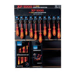 Display of Draper XP1000® VDE Slimline Screwdriver Profile for Slat Wall and Toolbar (34 Piece) - XP1000/S/L S/DR, featuring tools with red and yellow handles, arranged on a black backing, with boxes containing additional sets below. These VDE screwdrivers are compliant with EN 60900 standards.