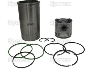 A Piston Ring and Liner Kit (Sparex Part No.S.143556) with cylinder liner, piston, piston rings, and seals laid out on a white background. The brand name "Sparex" watermark is visible. Ideal for John Deere machinery.