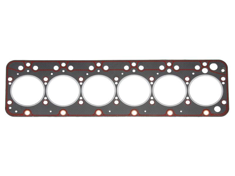 The Sparex Head Gasket (Sparex Part Number: S.143602) is a multi-cylinder engine head gasket featuring six circular openings for cylinders, with additional smaller holes designed for bolts and fluid passages. This high-quality product complies with Tariff Code 4016930090.