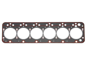 The Sparex Head Gasket (Sparex Part Number: S.143602) is a multi-cylinder engine head gasket featuring six circular openings for cylinders, with additional smaller holes designed for bolts and fluid passages. This high-quality product complies with Tariff Code 4016930090.