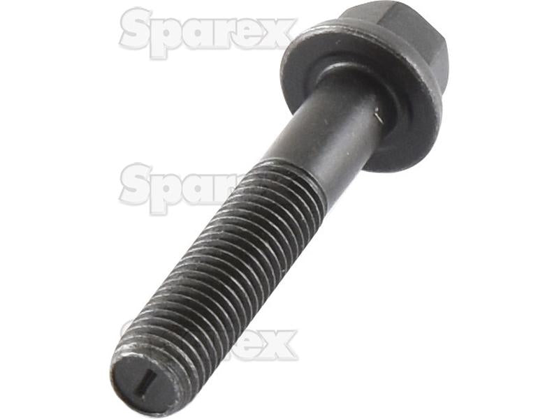 Close-up of a black metal hex bolt featuring a threaded shaft and an integrated washer, resembling the Conrod Bolt often used in Ford/New Holland tractors. The faint word "Sparex" is discernible in the background.