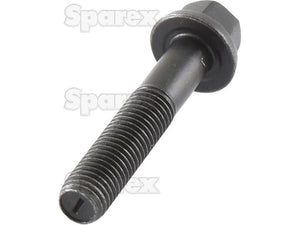 Close-up of a black metal hex bolt featuring a threaded shaft and an integrated washer, resembling the Conrod Bolt often used in Ford/New Holland tractors. The faint word "Sparex" is discernible in the background.