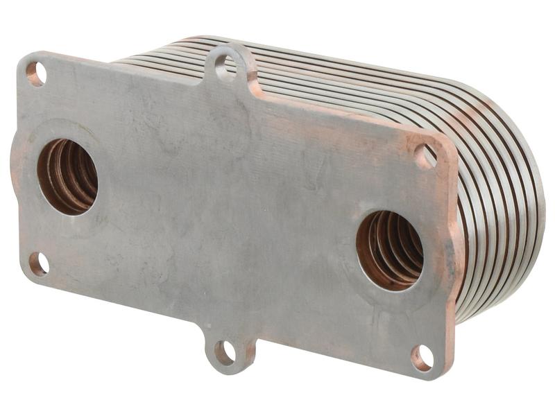 The Sparex Oil Cooler, featuring multiple thin horizontal plates and two circular ports for fluid flow, falls under Tariff Code 8409990090 (Sparex Part Number: S.144150).