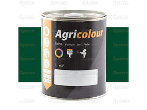 A 1-liter tin of Sparex's Agricolour paint in Mid Brunswick Green Gloss, featuring a black and orange label with icons for possible applications and the word "Paint" in multiple languages, ideal for metal surface preparation.