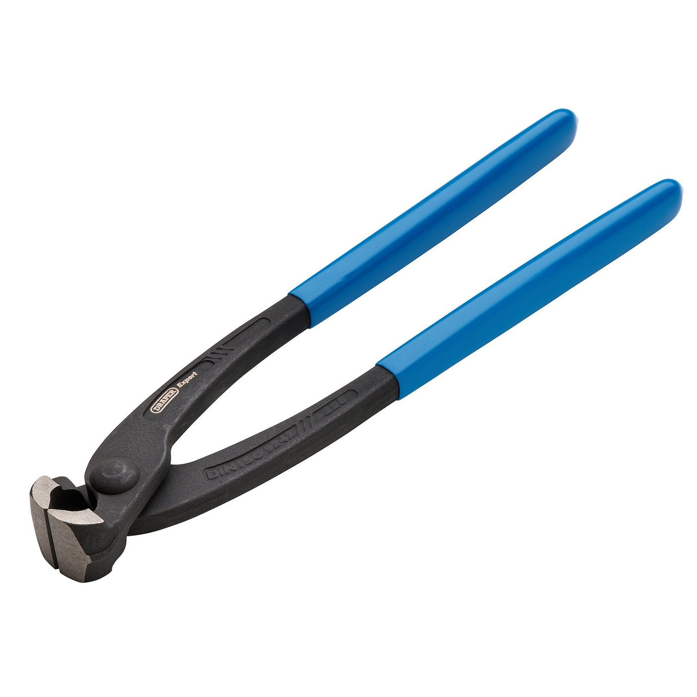 The Draper Expert Concreters Nippers, 225mm - CN/225, are heavy-duty end-cutting pliers with black metal jaws and blue rubber-coated handles, crafted from high-grade steel for superior durability.