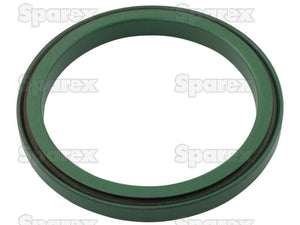 A green circular rubber crankshaft seal, identified by Sparex part number S.144256 with a black inner ring, sits on a white background, featuring the Sparex logo and bearing tariff code 8484900090.