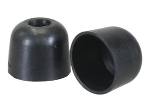 Two black rubber end caps, one upright with a hole in the center and the other lying on its side, exposing the interior. Suitable for use with tariff code 8409990090, these durable components are available through Sparex as Valve Stem Seal (Sparex Part Number: S.144358).