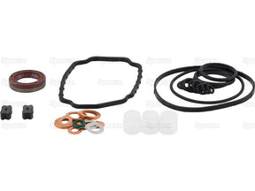 A collection of various mechanical seals and gaskets in different shapes and sizes, including o-rings, washers, and bolts from brands like Case IH and Sparex, highlighted by the Fuel Injection Pump Seal Kit (Sparex Part No. S.144824), laid out on a white surface.