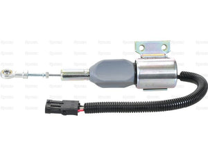 The Sparex Fuel Shut Off Solenoid, Part No. S.144830, is a 12V solenoid actuator with a metallic body, an electrical connector with wires, and a mounting bracket, specifically designed for Case IH / International Harvester equipment.