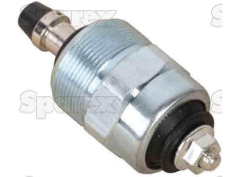 A metal pressure switch component, Sparex Fuel Shut Off Solenoid (Sparex Part No. S.144833), features a threaded body, hexagonal head, and an electrical connector at one end, making it suitable for 24V systems in Case IH machinery.