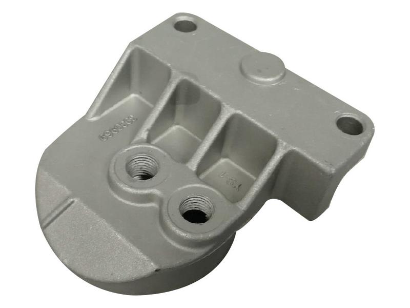 A grey Sparex Filter Head (Part Number: S.144844) for automotive or machinery, featuring two threaded holes and a flat base, identified by tariff code 8421230090, against a white background.